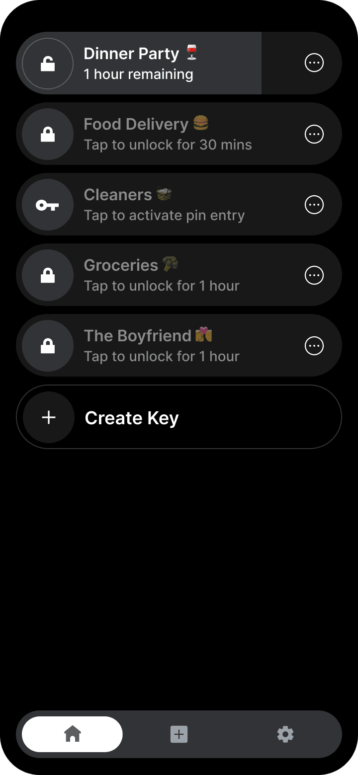Enterkey app home screen showing the buzzer status, keys and recent entries